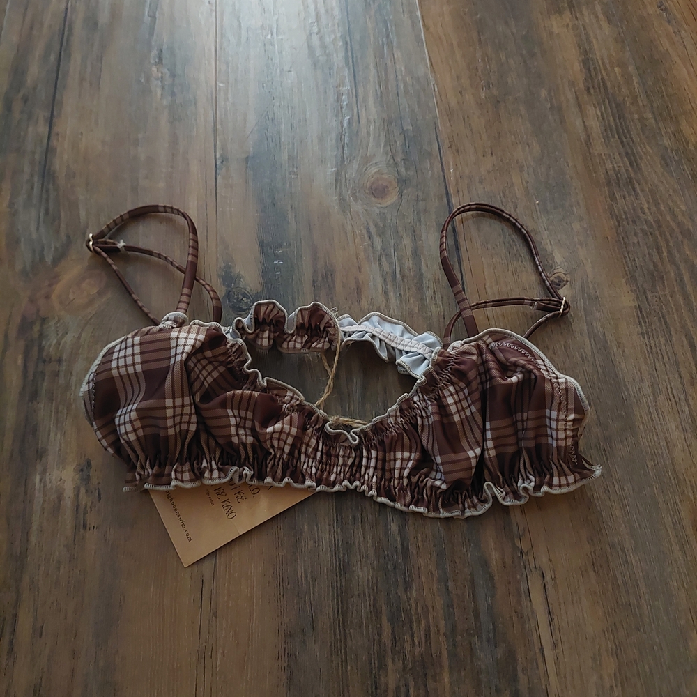 Brown Plaid Women's Bikini Top
